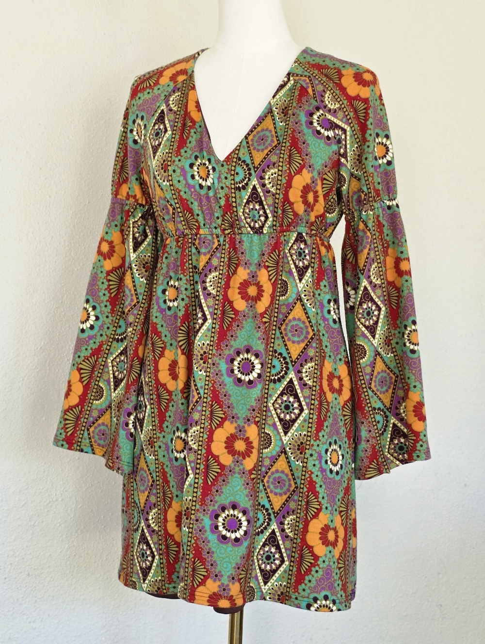 Judith March Boho Bell Sleeve Mini Dress Retro Floral Psychedelic Print M